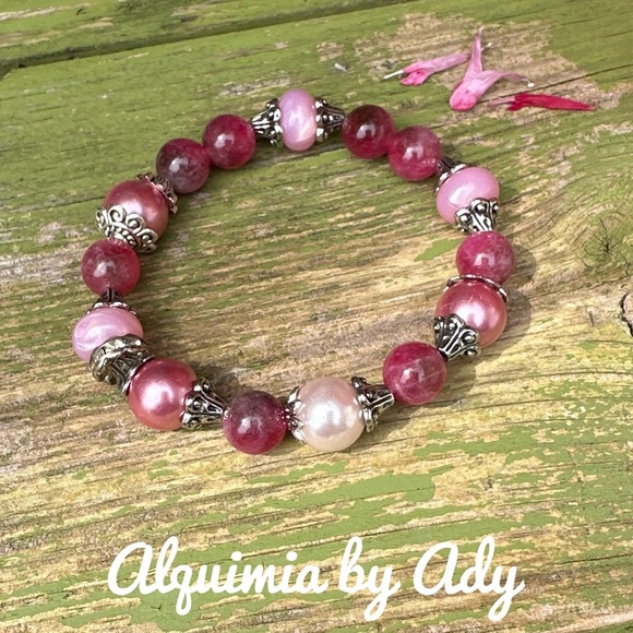 Chunky Watermelon Tourmaline /pink agate chunky beaded bracelet - Picture 1 of 6